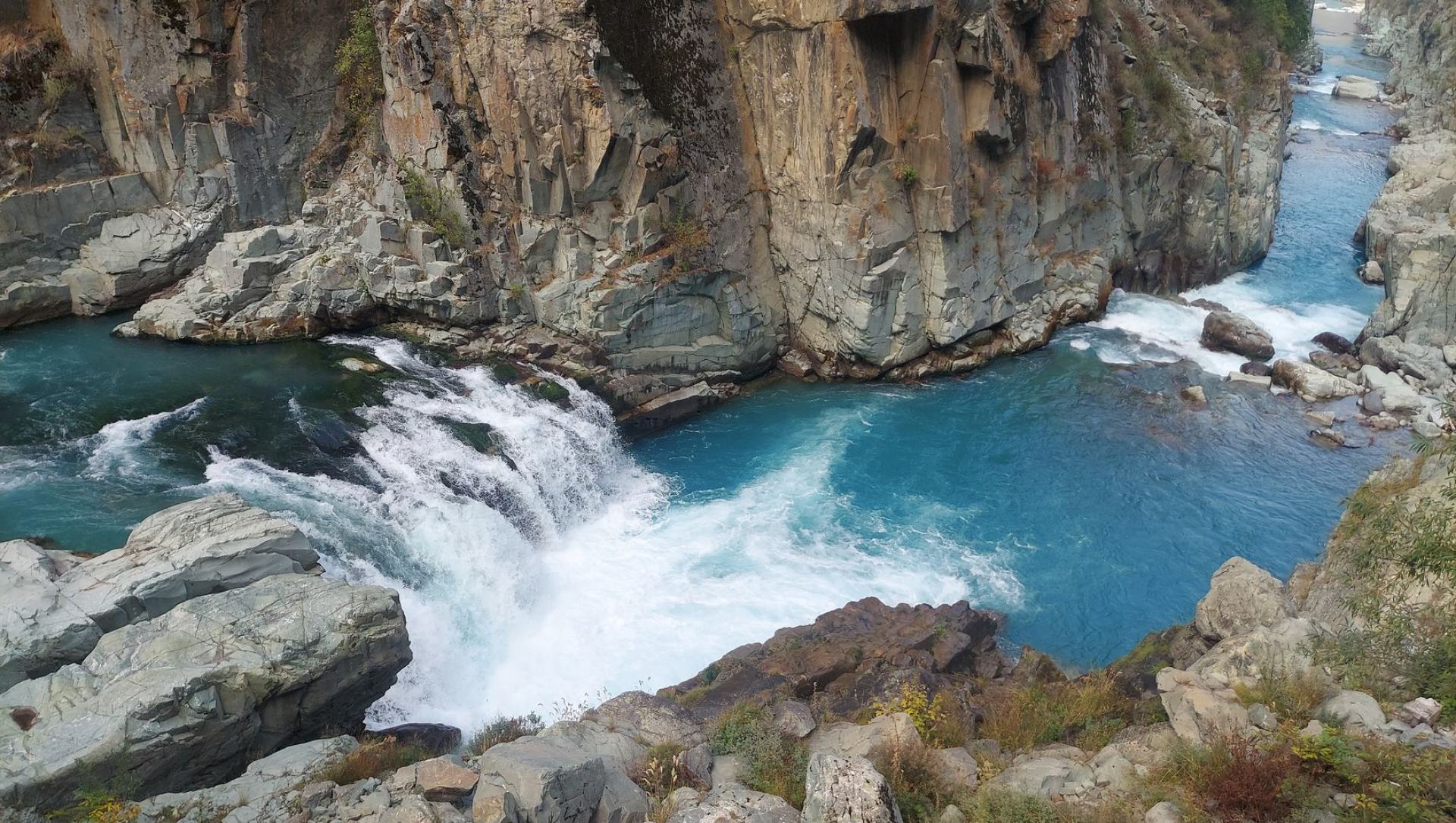 Aharbal Waterfall and rocky gorge in Kashmir